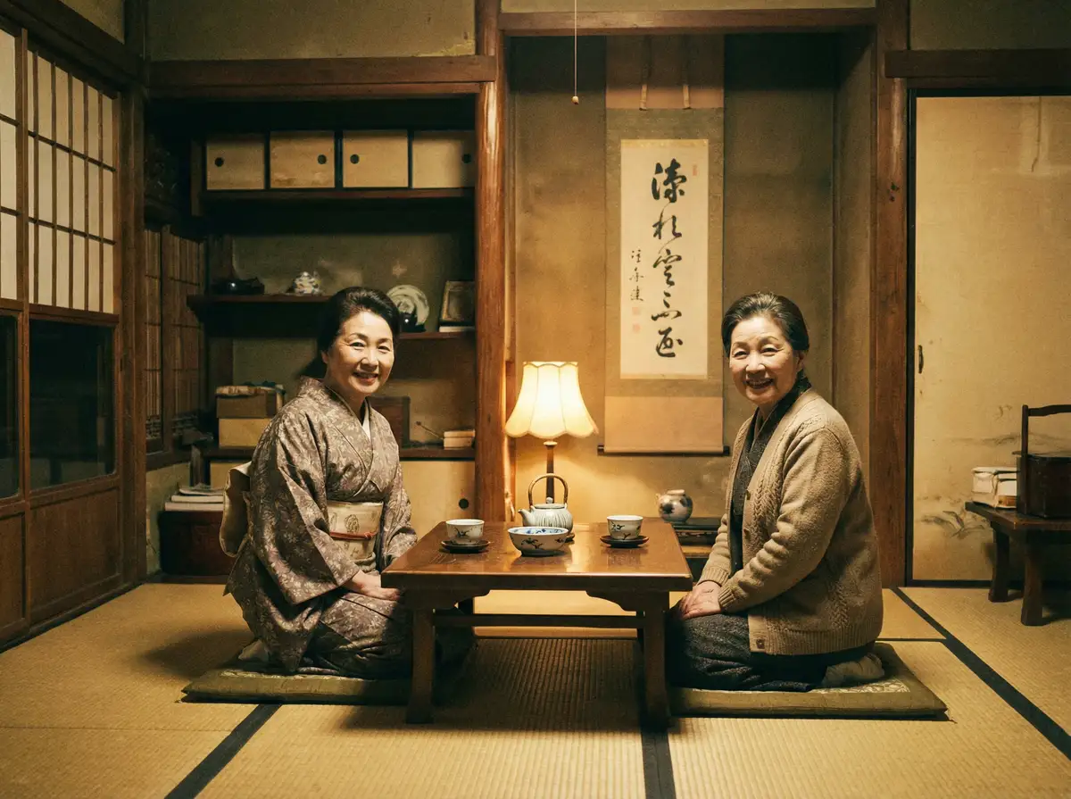 两位优雅的 阿黑颜 在日式茶室中品茶交谈